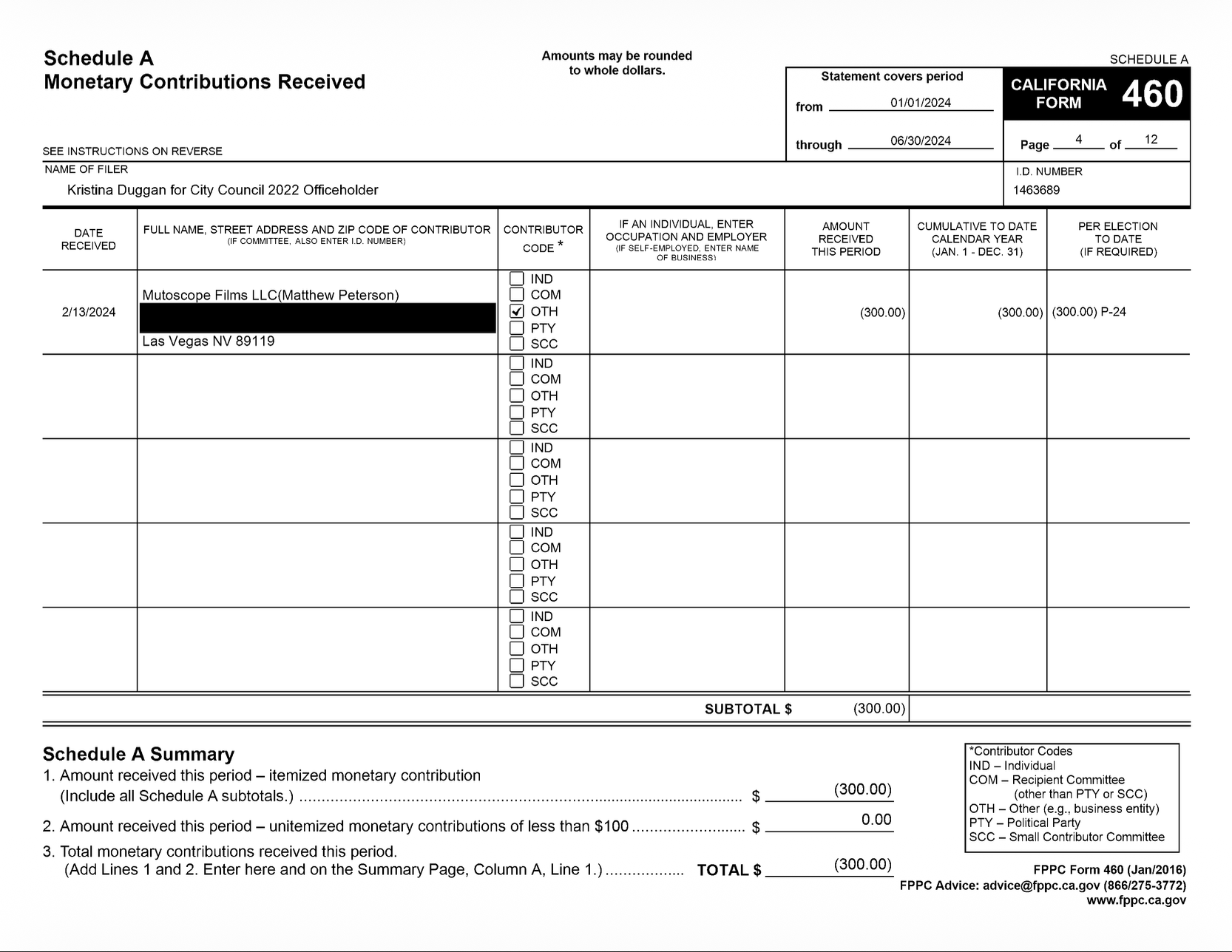 Form 460 Schedule A showing Mutoscope Films LLC Matthew Peterson refund